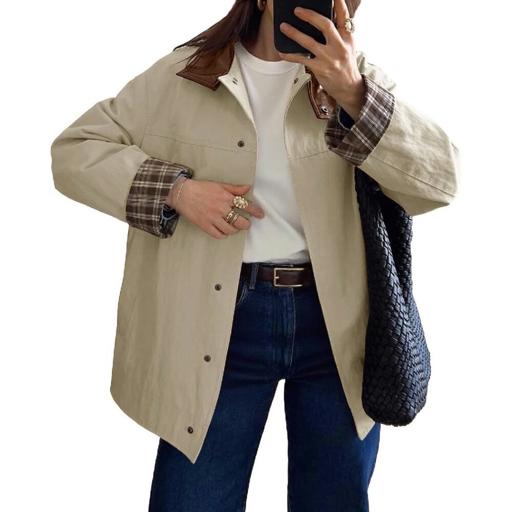 Oversized Trench Coat Leather Collar Plaid Windproof Fall Jacket